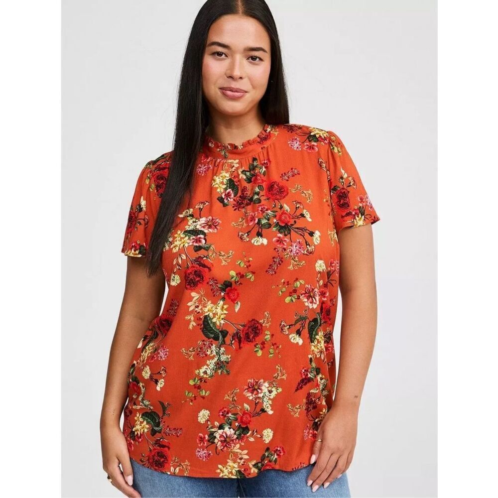 Torrid Floral Orange Top Tshirt Short Sleeve Plus Size 3X Fall Thanksgiving